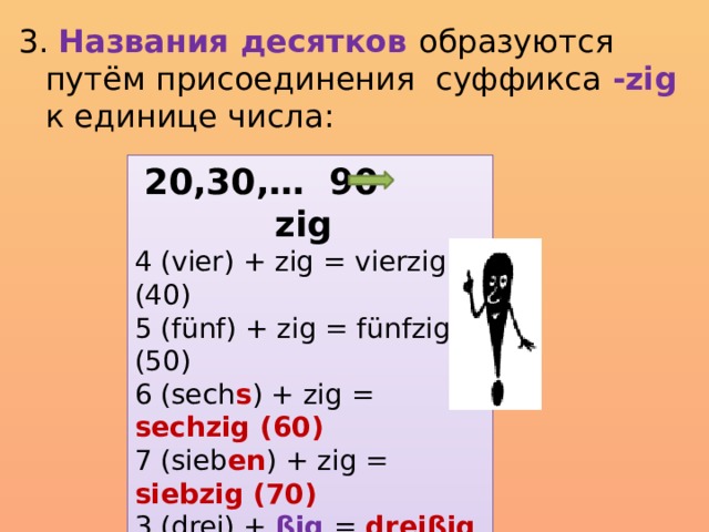 3. Названия десятков образуются путём присоединения суффикса -zig к единице числа: 20,30,… 90 zig 4 (vier) + zig = vierzig (40) 5 (fünf) + zig = fünfzig (50) 6 (sech s ) + zig = sechzig (60) 7 (sieb en ) + zig = siebzig (70) 3 (drei) + ßig = dreißig (30) zwanzig (20)