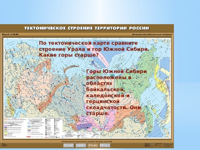 По тектонической карте сравните строение Урала и гор Южной Сибири. Какие горы старше? Горы Южной Сибири расположены в областях байкальской, каледонской и герцинской складчатости. Они старше.