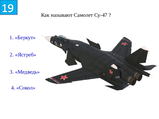 Как называют Самолет Су-47 ? 1. «Беркут» 2. «Ястреб» 3. «Медведь» 4. «Сокол»