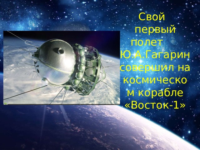 Свой первый полет Ю.А.Гагарин совершил на космическом корабле «Восток-1»