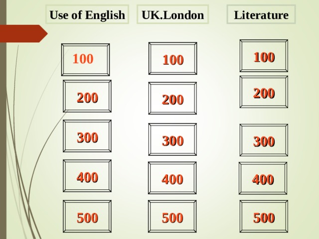 UK.London Literature Use of English 100 100 100 200 200 200 300 300 300 400 400 400 500 500 500