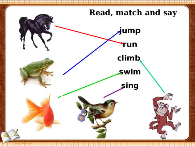 Read, match and say jump run climb swim sing