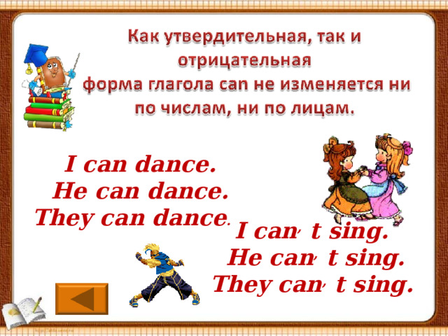 I can dance.  He can dance. They can dance . I can , t sing.  He can , t sing. They can , t sing.
