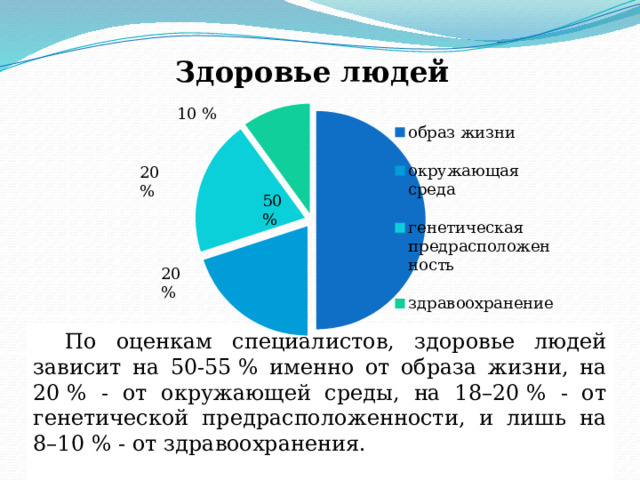 10 % 20% 50% 20 %  По оценкам специалистов, здоровье людей зависит на 50-55 % именно от образа жизни, на 20 % - от окружающей среды, на 18–20 % - от генетической предрасположенности, и лишь на 8–10 % - от здравоохранения.