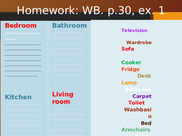 Homework : WB. p.30, ex. 1  Television  Wardrobe Sofa  Cooker Fridge  Desk Lamp  Bookcase Carpet Toilet Washbasin Bed Armchairs Table Chairs Sink  Bedroom ……………………… Bathroom ………………………………………………………………………………………………………………………………………………… . ……………………………………………………………………………………………………… ... ……………………………………………………   Living room ……………………………………………………………………………………………………………………………………………………………… Kitchen ……………………………………………………………………………………………………………………………………………………………………………… ..