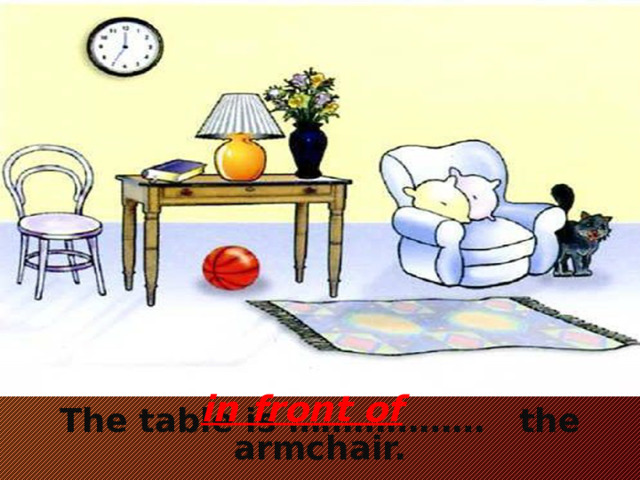 in front of The table is ……………… the armchair.