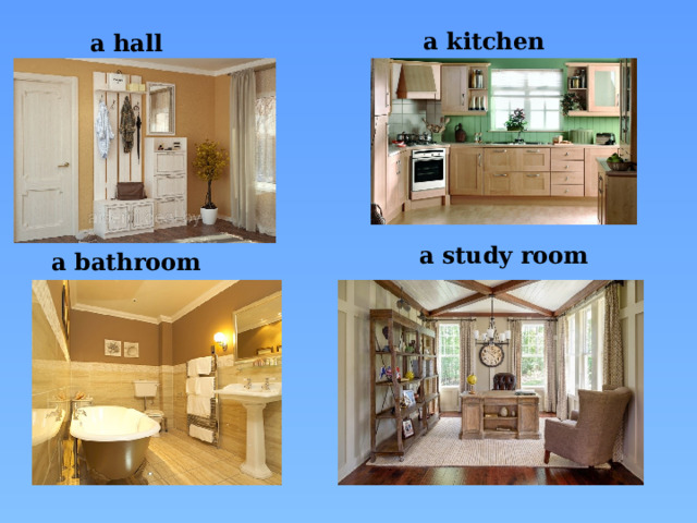 a kitchen a hall a study room a bathroom