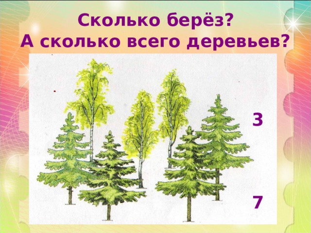Сколько берёз?  А сколько всего деревьев? 3    7