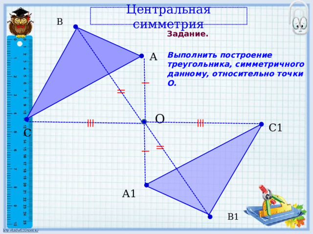 Центральная симметрия В Задание.  Выполнить построение треугольника, симметричного данному, относительно точки O. А  О С1 С А1 В1