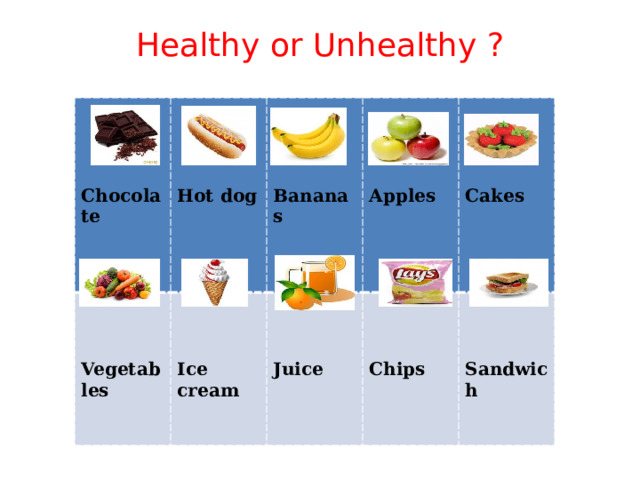 Healthy or Unhealthy ?                    Chocolate     Vegetables  Ice cream        Hot dog      Bananas Juice    Chips  Apples Cakes Sandwich