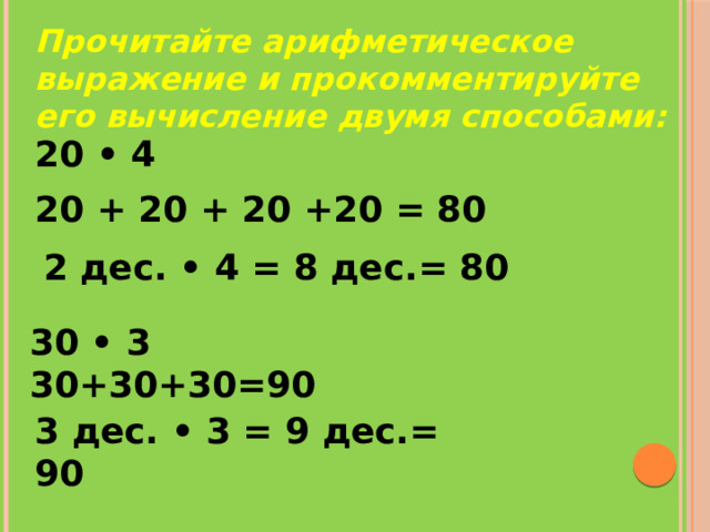Прочитайте арифметическое выражение и прокомментируйте его вычисление двумя способами: 20 • 4 20 + 20 + 20 +20 = 80 2 дес. • 4 = 8 дес.= 80 30 • 3 30+30+30=90 3 дес. • 3 = 9 дес.= 90