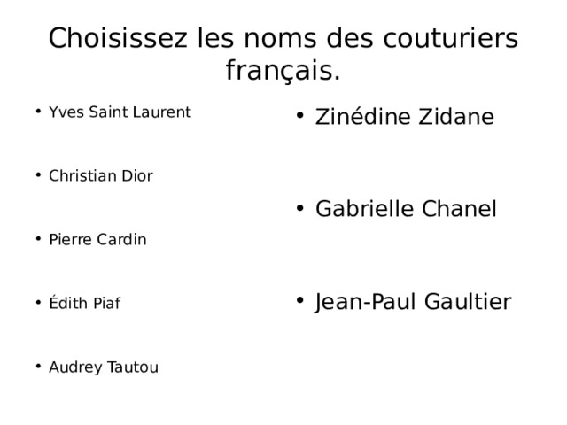 Choisissez les noms des couturiers français.