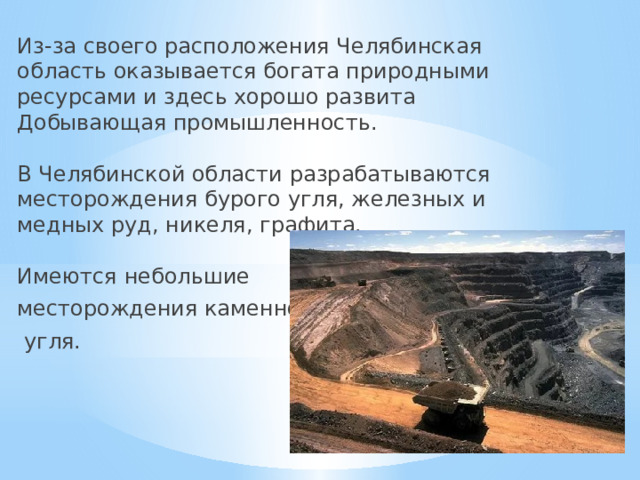 Из-за своего расположения Челябинская область оказывается богата природными ресурсами и здесь хорошо развита Добывающая промышленность.   В Челябинской области разрабатываются месторождения бурого угля, железных и медных руд, никеля, графита.   Имеются небольшие месторождения каменного  угля.