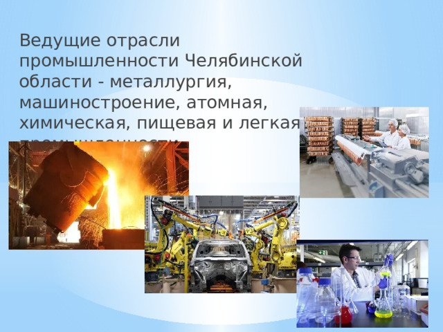 Ведущие отрасли промышленности Челябинской области - металлургия, машиностроение, атомная, химическая, пищевая и легкая промышленности.