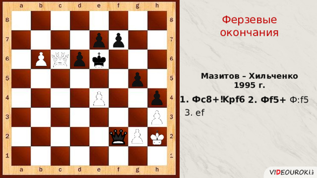 Ферзевые окончания Мазитов – Хильченко 1995 г. Kpf6 1. Фс8+! Ф:f5 2. Фf5+ 3. ef