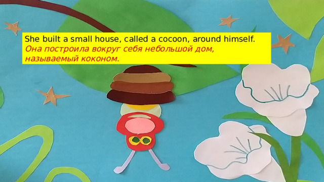 She built a small house, called a cocoon, around himself. Она построила вокруг себя небольшой дом, называемый коконом.