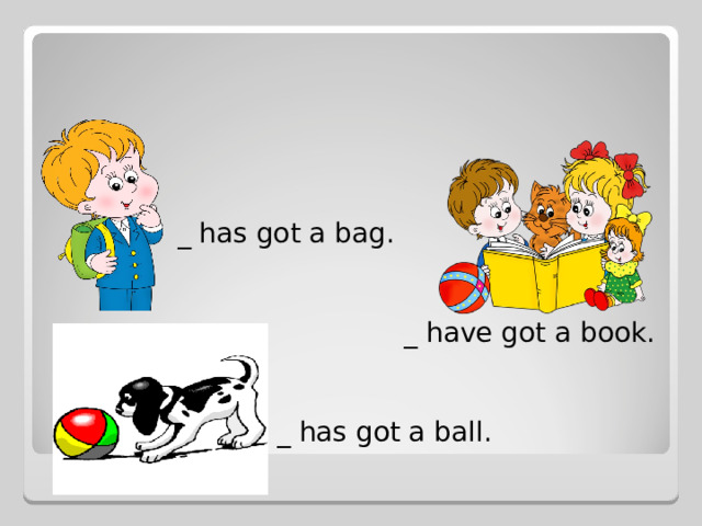_ has got a bag. _ have got a book. _ has got a ball.
