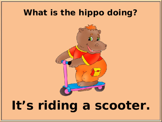 What is the hippo doing? It’s riding a scooter.