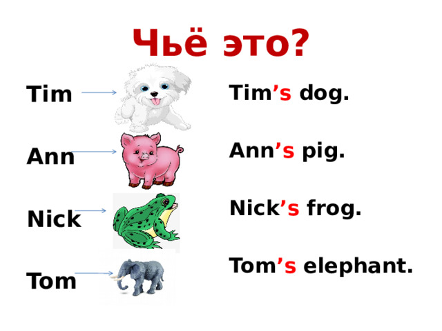 Чьё это? Tim Tim ’s dog.   Ann ’s pig. Ann   Nick ’s frog. Nick   Tom ’s elephant. Tom