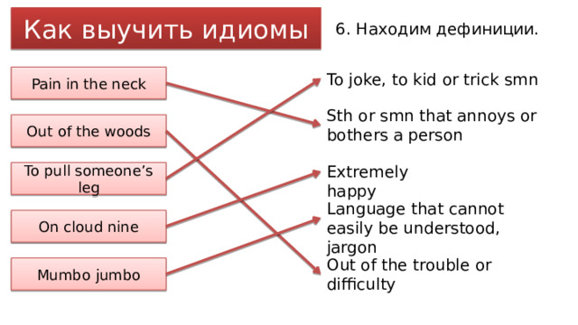 Как выучить идиомы 6. Находим дефиниции. To joke, to kid or trick smn Pain in the neck Sth or smn that annoys or bothers a person Out of the woods Extremely happy To pull someone’s leg Language that cannot easily be understood, jargon On cloud nine Out of the trouble or difficulty Mumbo jumbo