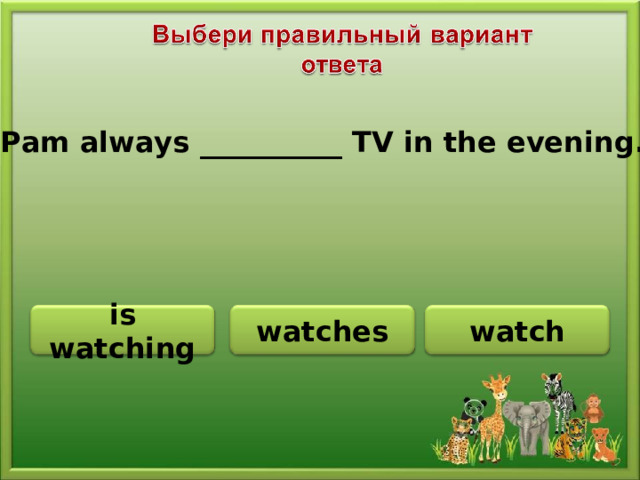 Pam always __________ TV in the evening. watches is watching watch