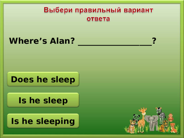 Where’s Alan? __________________? Does he sleep Is he sleep Is he sleeping