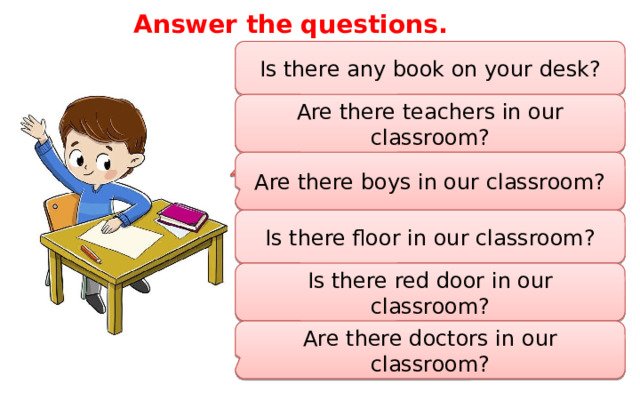 Answer the questions. Is there any book on your desk? Are there teachers in our classroom? Are there boys in our classroom? Is there floor in our classroom? Is there red door in our classroom? Are there doctors in our classroom?