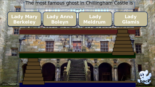 The most famous ghost in Chillingham Castle is … . Lady Glamis Lady Meldrum Lady Anna Boleyn Lady Mary Berkeley wrong wrong Right ! wrong back