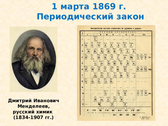 1 марта 1869 г. Периодический закон Дмитрий Иванович Менделеев,  русский химик  (1834-1907 гг.)