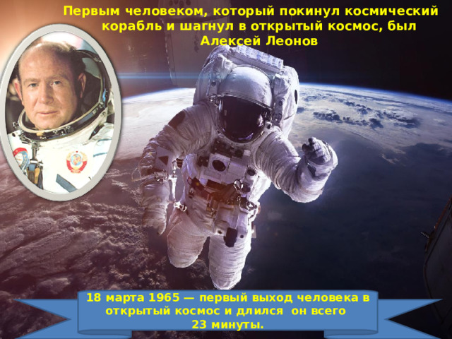 Первым человеком, который покинул космический корабль и шагнул в открытый космос, был Алексей Леонов   18 марта 1965 — первый выход человека в открытый космос и длился он всего 23 минуты.