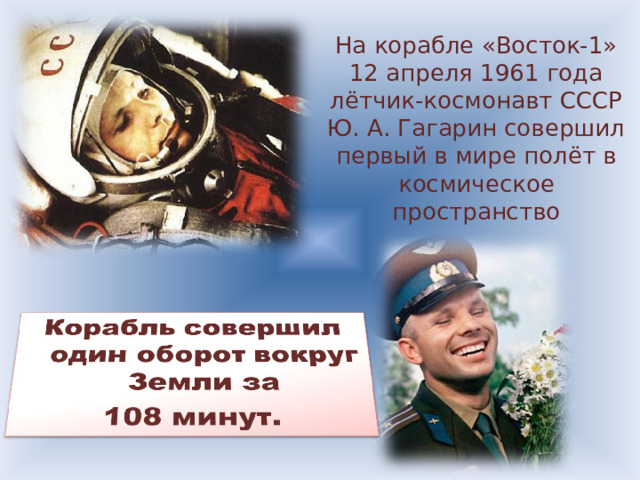 На корабле «Восток-1» 12 апреля 1961 года лётчик-космонавт СССР Ю. А. Гагарин совершил первый в мире полёт в космическое пространство