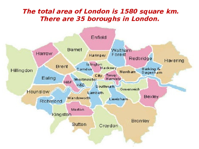 The total area of London is 1580 square km. There are 35 boroughs in London.