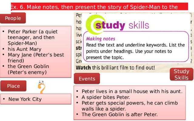 Ex. 6. Make notes, then present the story of Spider-Man to the class. People Peter Parker (a quiet teenager, and then Spider-Man) his Aunt Mary Mary Jane (Peter’s best friend) the Green Goblin (Peter’s enemy) Study Skills Events Place