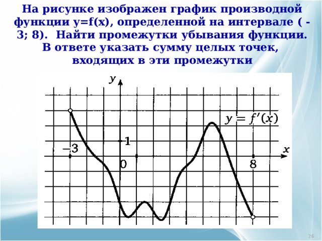 На рисунке изображен график производной функции y=f(x) , определенной на интервале ( - 3; 8).  Найти промежутки убывания функции. В ответе указать сумму целых точек, входящих в эти промежутки 17