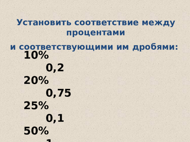 Установить соответствие между процентами и соответствующими им дробями: 10%            0,2  20%            0,75  25%           0,1  50%             1  75%             0,25  100%          0,5