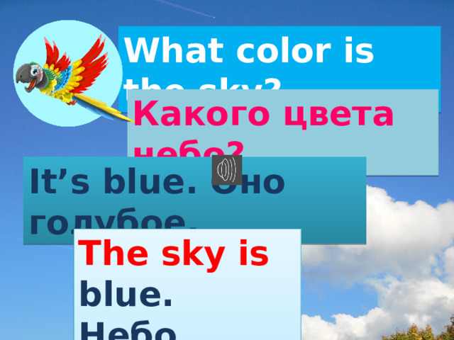 What color is the sky? Какого цвета небо? It’s blue. Оно голубое. The sky is blue. Небо голубое.