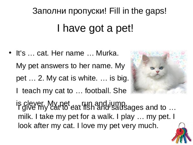 Заполни пропуски! Fill in the gaps! I have got a pet! It's … саt. Нег nаmе … Murka. Mу pet answers to her name. Mу pet … 2. Му cat is white. … is big. I  teach mу cat to … football. She is clever. Му pet … run and jump. I give my cat to eat fish and sausages and to … milk. I take my pet for a walk. I plау … my pet. I look after mу cat. I love my pet very much.