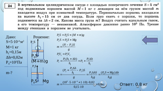 Дано: Решение: S=5·10 -4 м 2 Р 1 S М=1 кг h 1 =0,15м Δh=0,02м Р 0 =10 5 Па m-? P 0 S (M+m)g Р 2 S P 0 S Mg Ответ: 0,8 кг