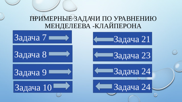 Примерные задачи по Уравнению менделеева -клайперона Задача 7 Задача 21 Задача 8 Задача 23 Задача 7 Задача 9 Задача 24 Задача 24 Задача 10