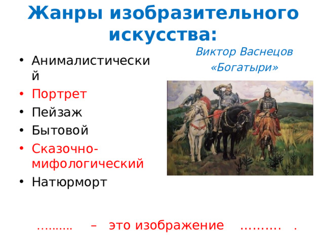 Жанры изобразительного искусства: Виктор Васнецов «Богатыри»   Анималистический Портрет Пейзаж Бытовой Сказочно-мифологический Натюрморт … ....... – это изображение ………. .