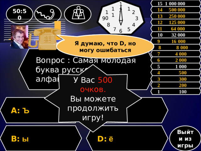 15 1 000 000 12 50:50 11 1 14 500 000 10 2 13 250 000 3 9 12 125 000 4 8 11 64 000 7 5 6           10 32 000 Зал считает, ……, но зал может ошибаться Я думаю, что D, но могу ошибаться 9 16 000  8 8 000 Вопрос : Самая молодая буква русского алфавита? 7 4 000 6 2 000 5 1 000 У Вас 500 очков. Вы можете продолжить игру! 4 500 3 300 2 200 1 100 A: Ъ C: я D: ё B: ы Выйти из игры