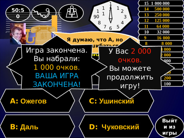 12 15 1 000 000 1 50:50 11 14 500 000 2 10 13 250 000 9 3 12 125 000 4 8 11 64 000 5 7 6 10 32 000 Я думаю, что А, но могу ошибаться Зал считает, ………, но зал может ошибаться 9 16 000 Игра закончена. Вы набрали: 1 000 очков. ВАША ИГРА ЗАКОНЧЕНА! У Вас 2 000 очков. Вы можете продолжить игру!  8 8 000 7 4 000 Вопрос: Кто составил «Толковый словарь живого великорусского языка»? 6 2 000 5 1 000 4 500 3 300 2 200 1 100 A: Ожегов C: Ушинский D: Чуковский B: Даль Выйти из игры