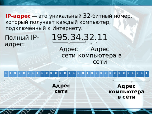 IP-адрес   — это уникальный   32 -битный номер, который получает каждый компьютер, подключённый к Интернету.   195.34.32.11 Полный IP- адрес: Адрес компьютера в сети Адрес  сети 1 1 0 0 0 0 1 1 1 0 0 0 1 0 1 1 0 0 1 0 0 0 0 0 0 0 0 0 1 0 1 1 Адрес сети Адрес компьютера в сети