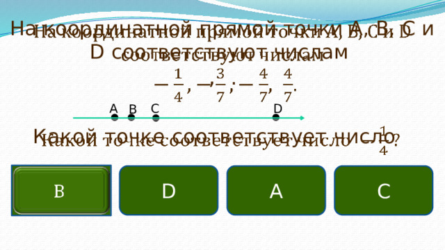 На координатной прямой точки А, В, С и D соответствуют числам   , . D С А В Какой точке соответствует число   С   D А