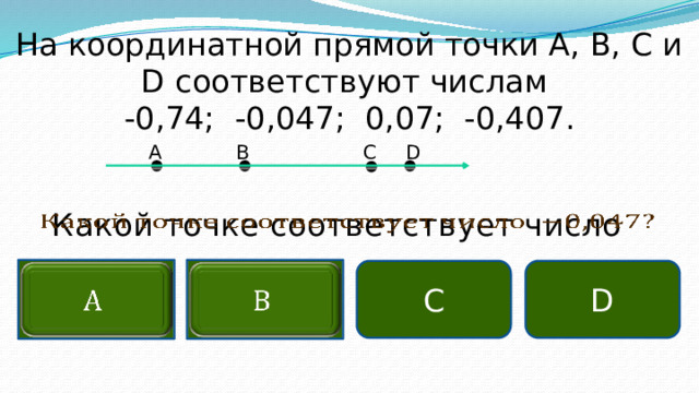 На координатной прямой точки А, В, С и D соответствуют числам -0,74; -0,047; 0,07; -0,407. D С В А   Какой точке соответствует число С     D