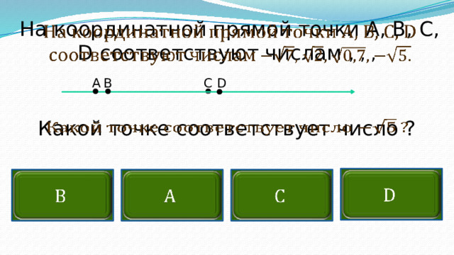 На координатной прямой точки А, В, С, D соответствуют числам , , ,   С В А D Какой точке соответствует число ?          