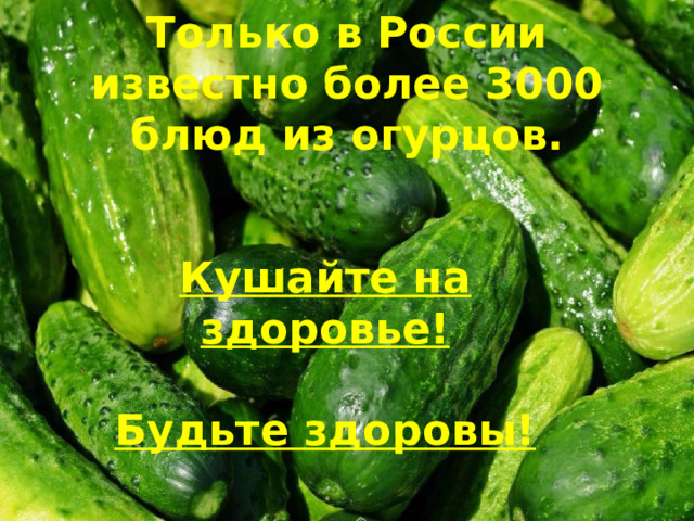 Только в России известно более 3000 блюд из огурцов.    Кушайте на здоровье!  Будьте здоровы!