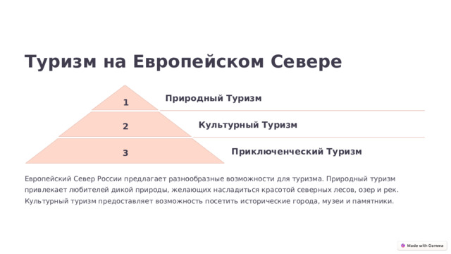 Туризм на Европейском Севере Природный Туризм 1 2 Культурный Туризм 3 Приключенческий Туризм Европейский Север России предлагает разнообразные возможности для туризма. Природный туризм привлекает любителей дикой природы, желающих насладиться красотой северных лесов, озер и рек. Культурный туризм предоставляет возможность посетить исторические города, музеи и памятники.