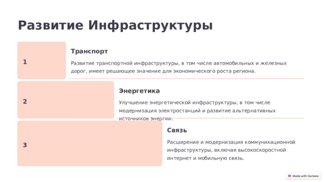 Развитие Инфраструктуры Транспорт 1 Развитие транспортной инфраструктуры, в том числе автомобильных и железных дорог, имеет решающее значение для экономического роста региона. Энергетика 2 Улучшение энергетической инфраструктуры, в том числе модернизация электростанций и развитие альтернативных источников энергии. Связь Расширение и модернизация коммуникационной инфраструктуры, включая высокоскоростной интернет и мобильную связь. 3