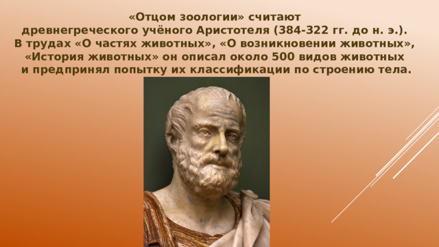 «Отцом зоологии» считают древнегреческого учёного Аристотеля (384-322 гг. до н. э.). В трудах «О частях животных», «О возникновении животных», «История животных» он описал около 500 видов животных и предпринял попытку их классификации по строению тела.